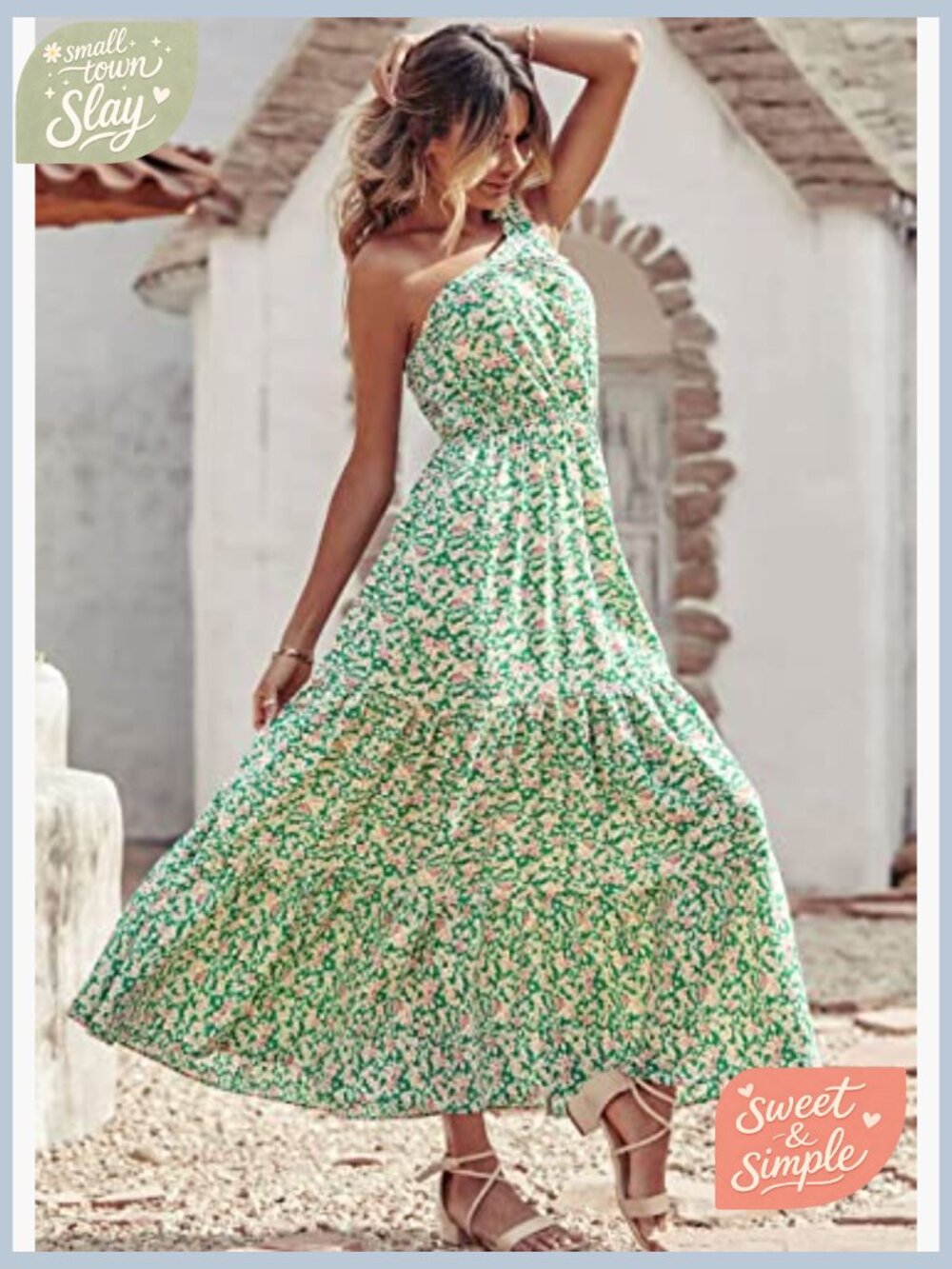 One Shoulder Maxi Dress Floral Tiered Boho Ruffled Swing Sun Dress - Picture 4 of 7